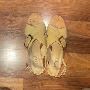 Vaneli Beige Cross-Strap Slingback Sandals with Gold Buckles